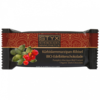 BIO-Edelbitterschokolade gefüllt mit Kürbiskernmarzipan-Ribisl-Ganache